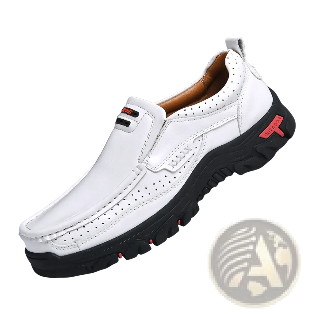Men’s genuine leather casual walking loafers in white with black rubber sole and red accent details size 50