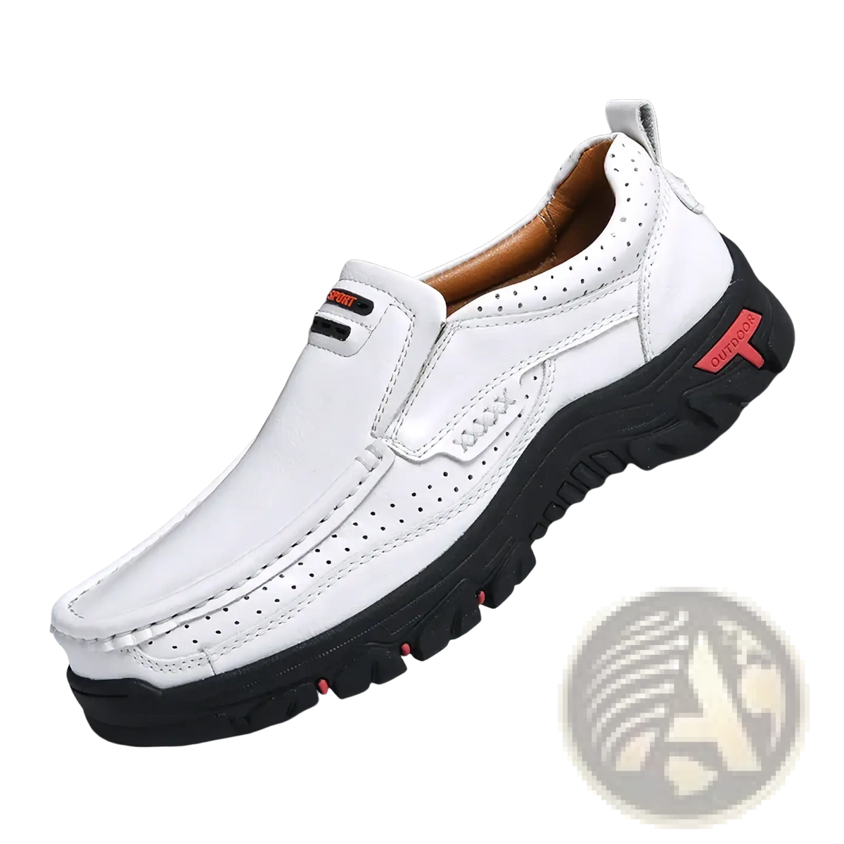 Men’s genuine leather casual walking loafers in white with black rubber sole and red accent details size 50