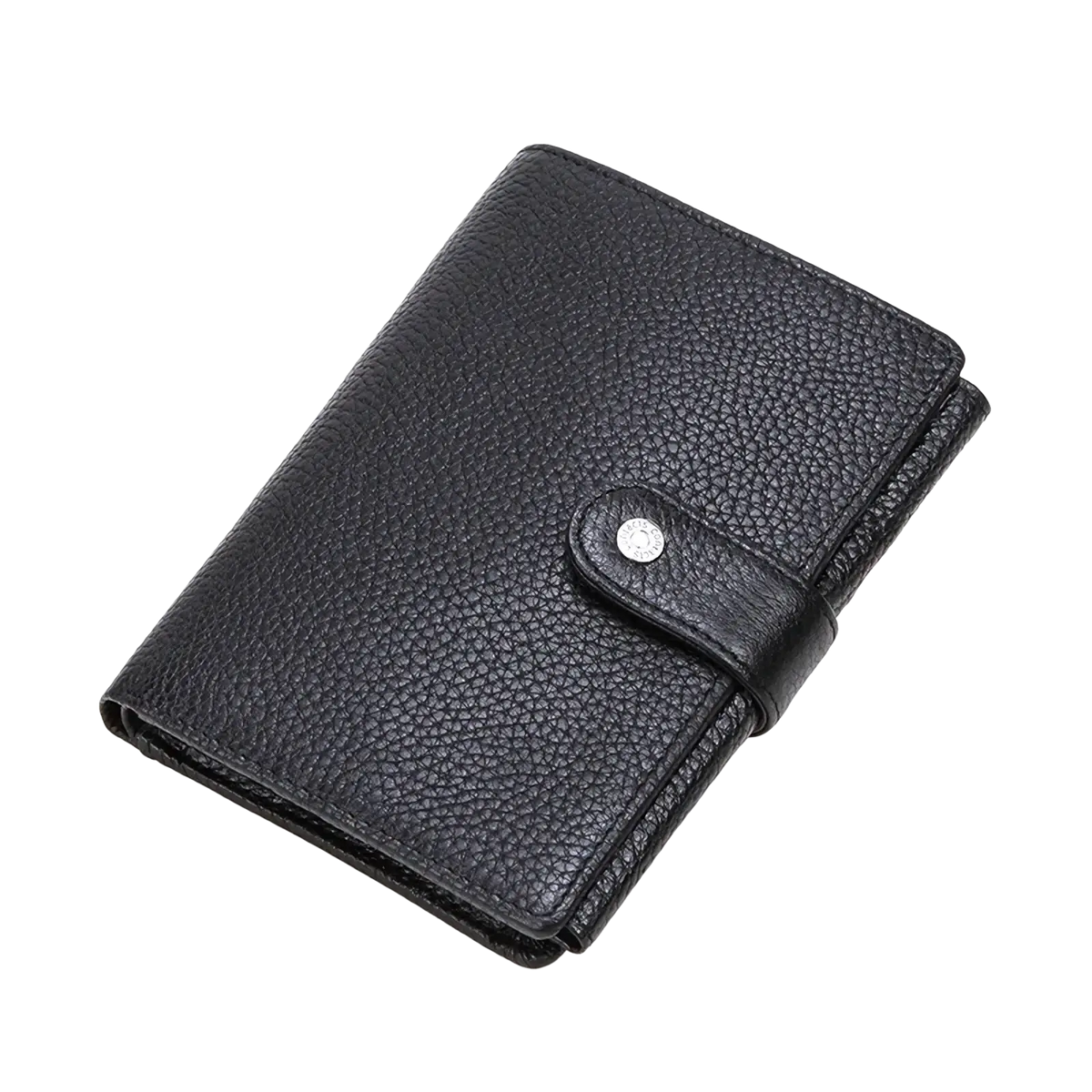 Men’s genuine leather hasp wallet in black pebbled texture with silver-toned snap button closure and card holder