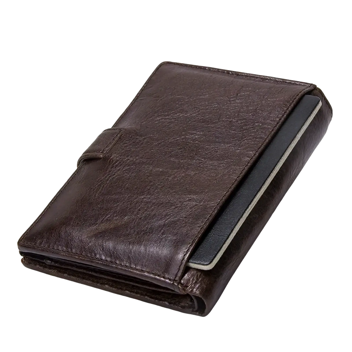 Men’s genuine leather hasp wallet in brown with textured surface and visible stitching featuring flap closure
