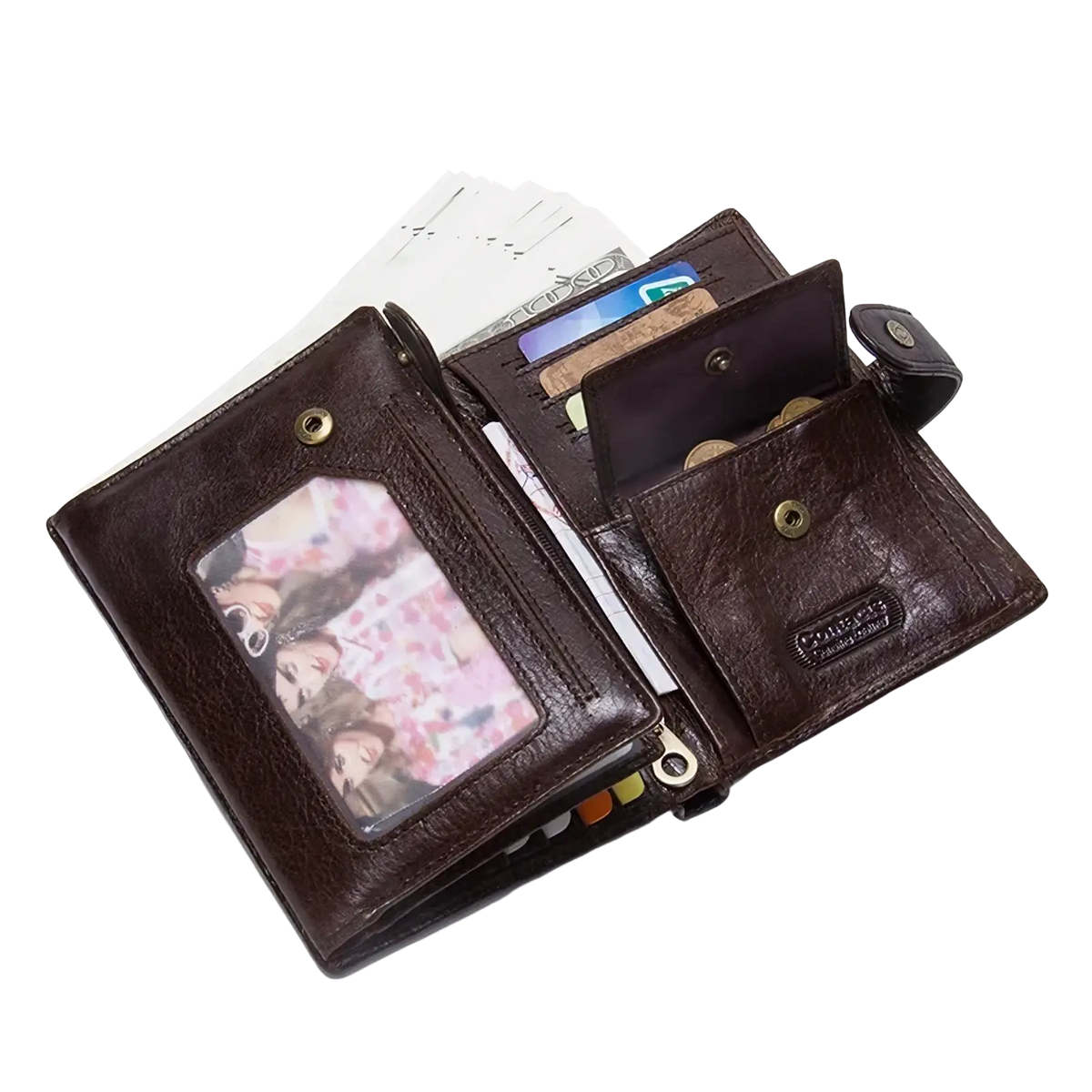 Men’s genuine brown leather hasp wallet featuring a clear photo ID window, multiple card slots, and coin compartments