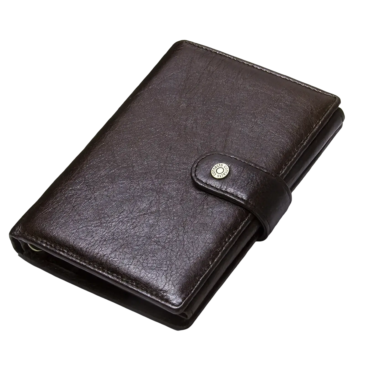 Men’s genuine leather hasp wallet in brown with a textured surface and metallic button closure for card holding