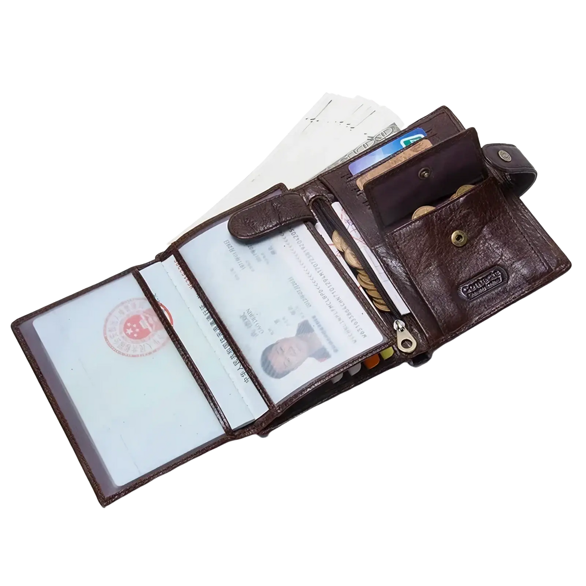 Men’s genuine leather hasp wallet in brown with multiple card slots zippered coin compartment and passport id window