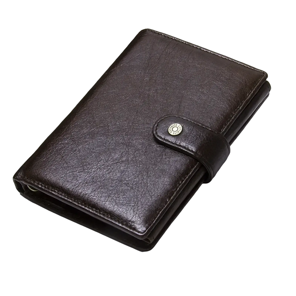 Men’s genuine brown leather hasp wallet with metallic button closure and card holder for organized storage