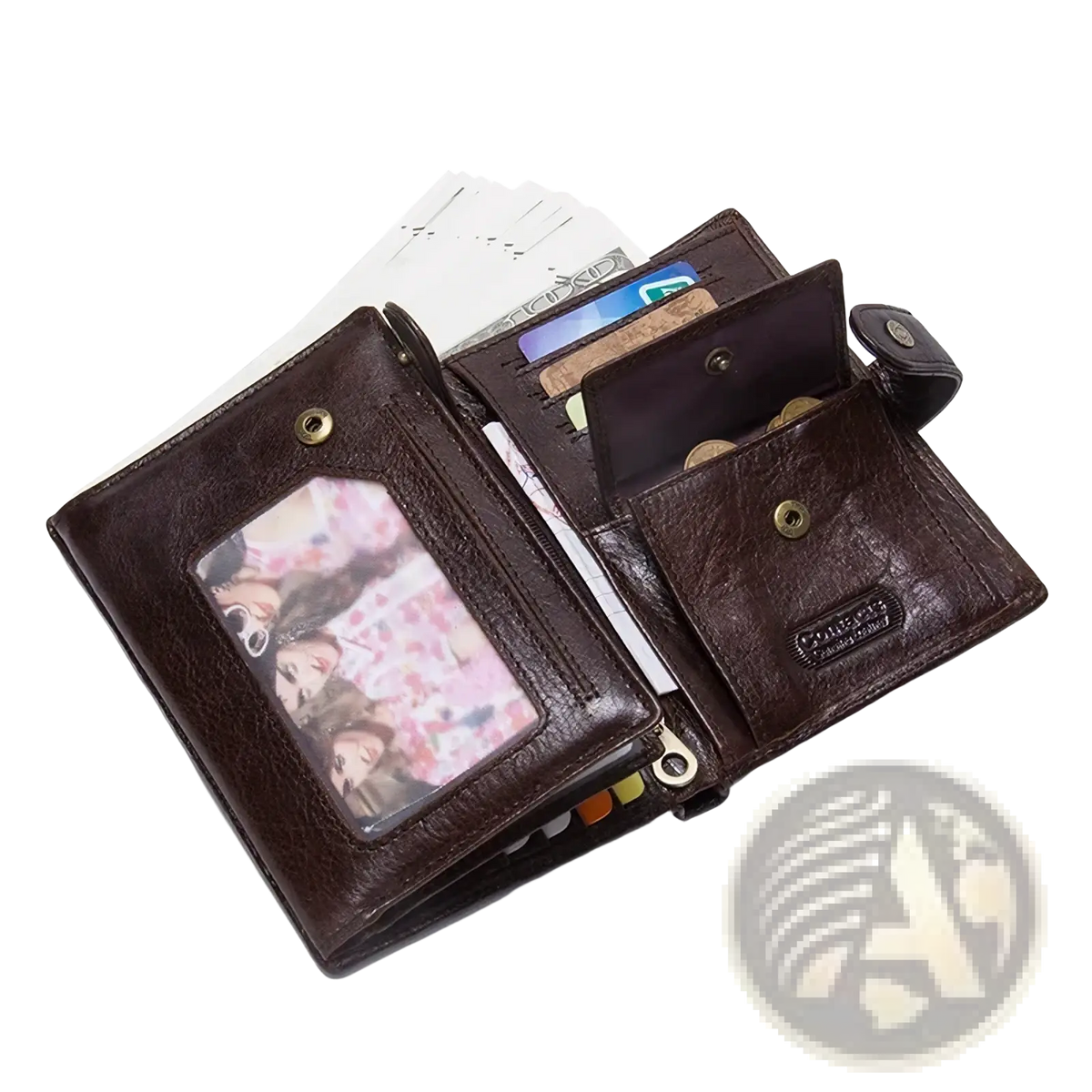 Men’s genuine brown leather hasp wallet featuring a clear photo ID window, multiple card slots, and coin compartments