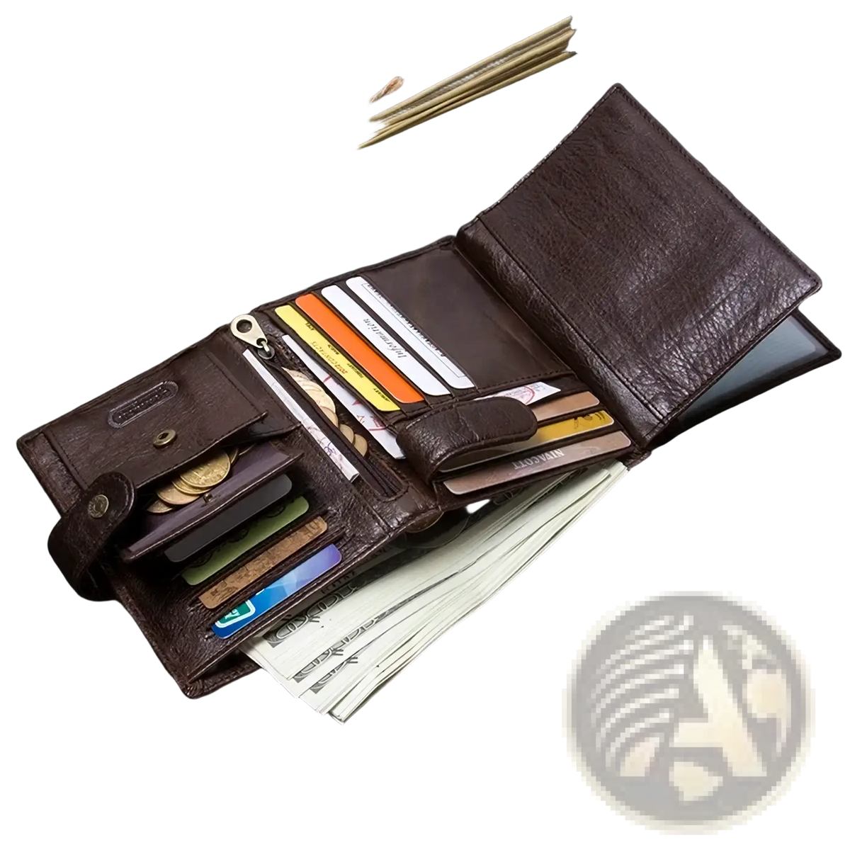 Men’s genuine leather hasp wallet in brown with multiple card slots, coin compartment, and bill section
