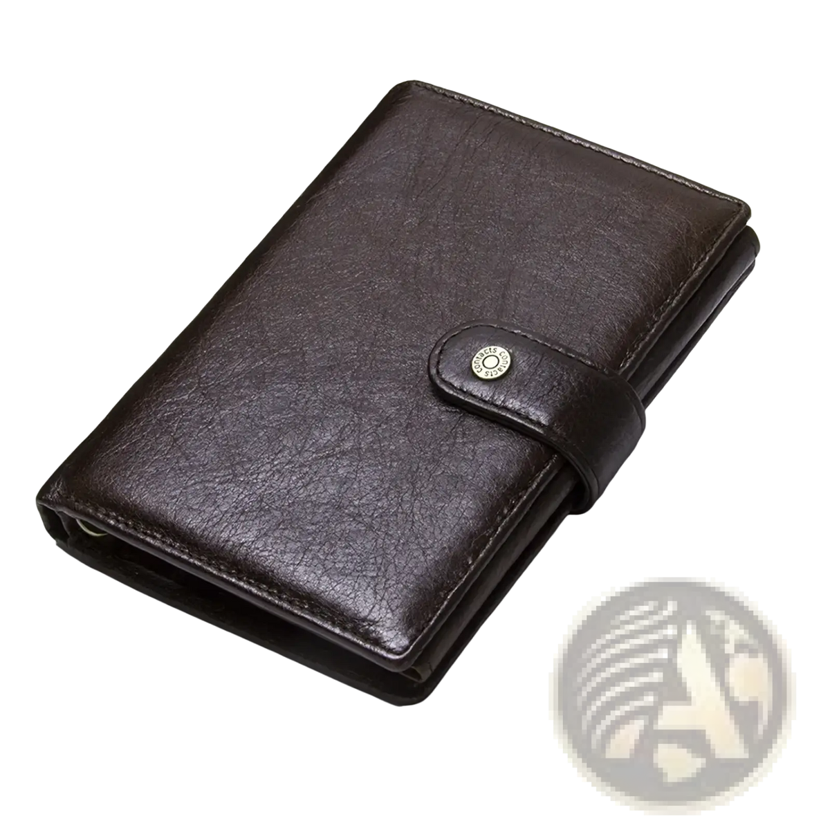 Men’s genuine brown leather hasp wallet with metallic button closure and card holder for organized storage