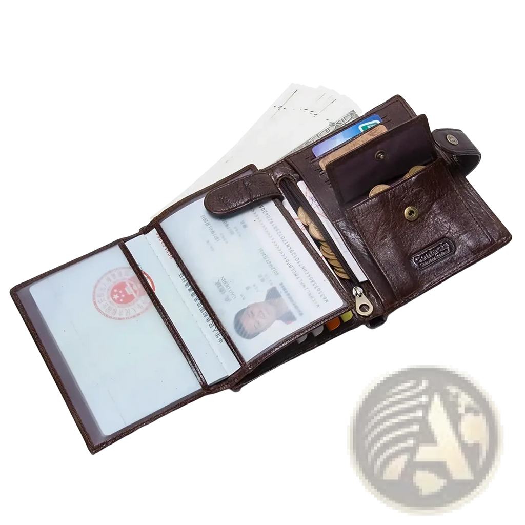 Men’s genuine leather hasp wallet in brown with multiple card slots zippered coin compartment and passport id window