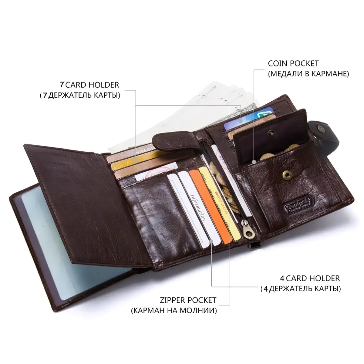 Men’s genuine leather hasp wallet in brown with multiple card slots coin pocket and zipper compartment