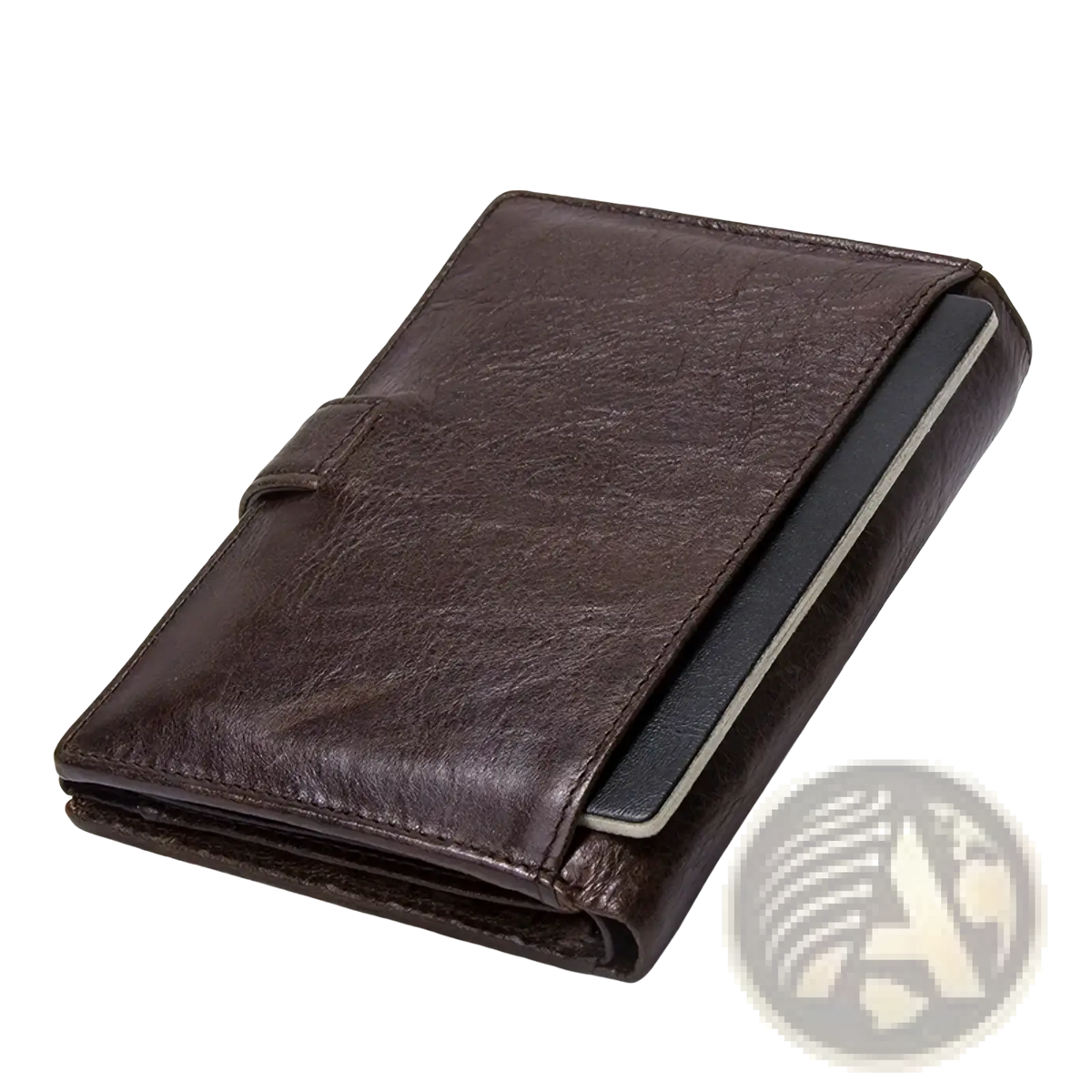 Men’s genuine leather hasp wallet in brown with textured surface and visible stitching featuring flap closure