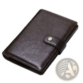 Men’s genuine leather hasp wallet in brown with a textured surface and metallic button closure for card holding