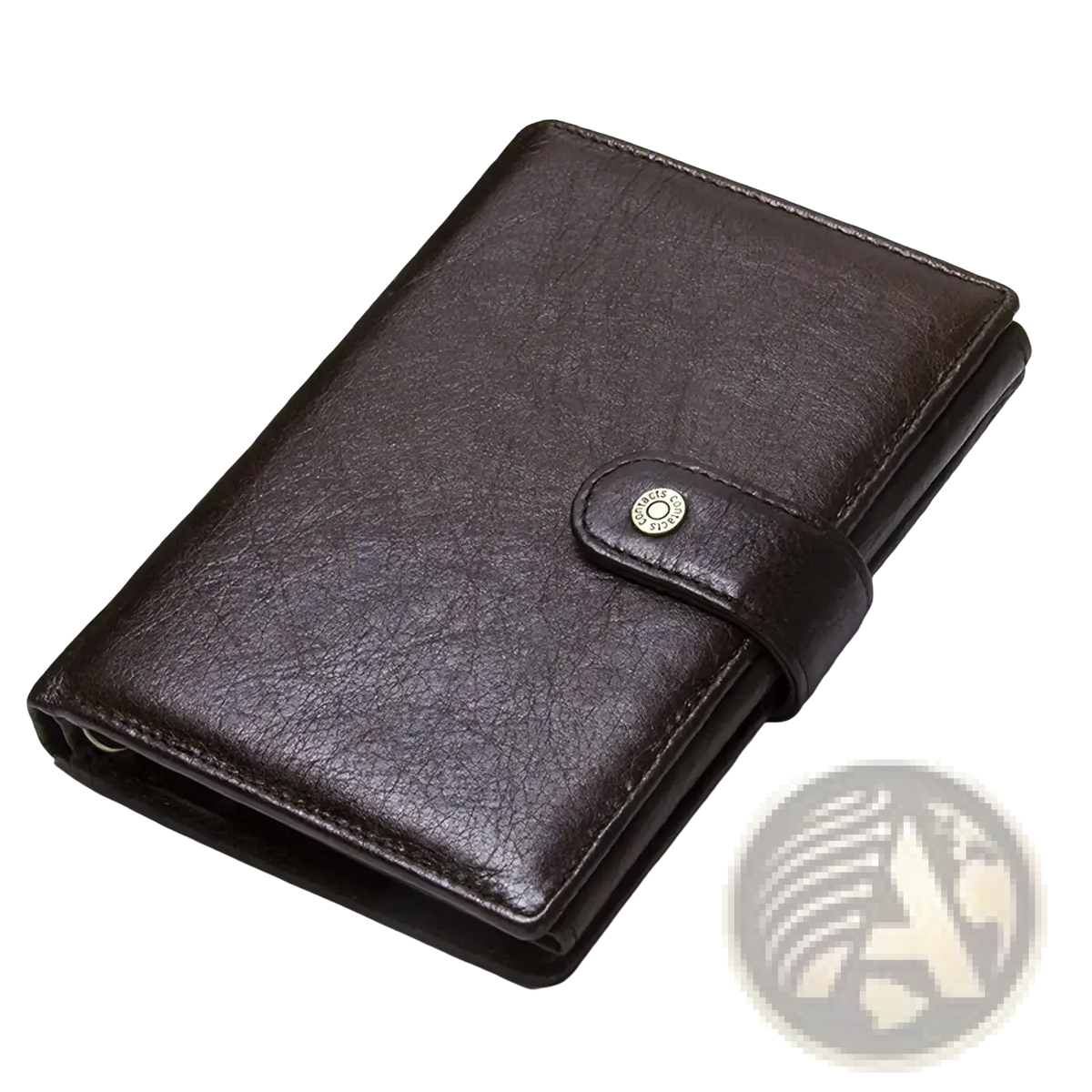 Men’s genuine leather hasp wallet in brown with a textured surface and metallic button closure for card holding