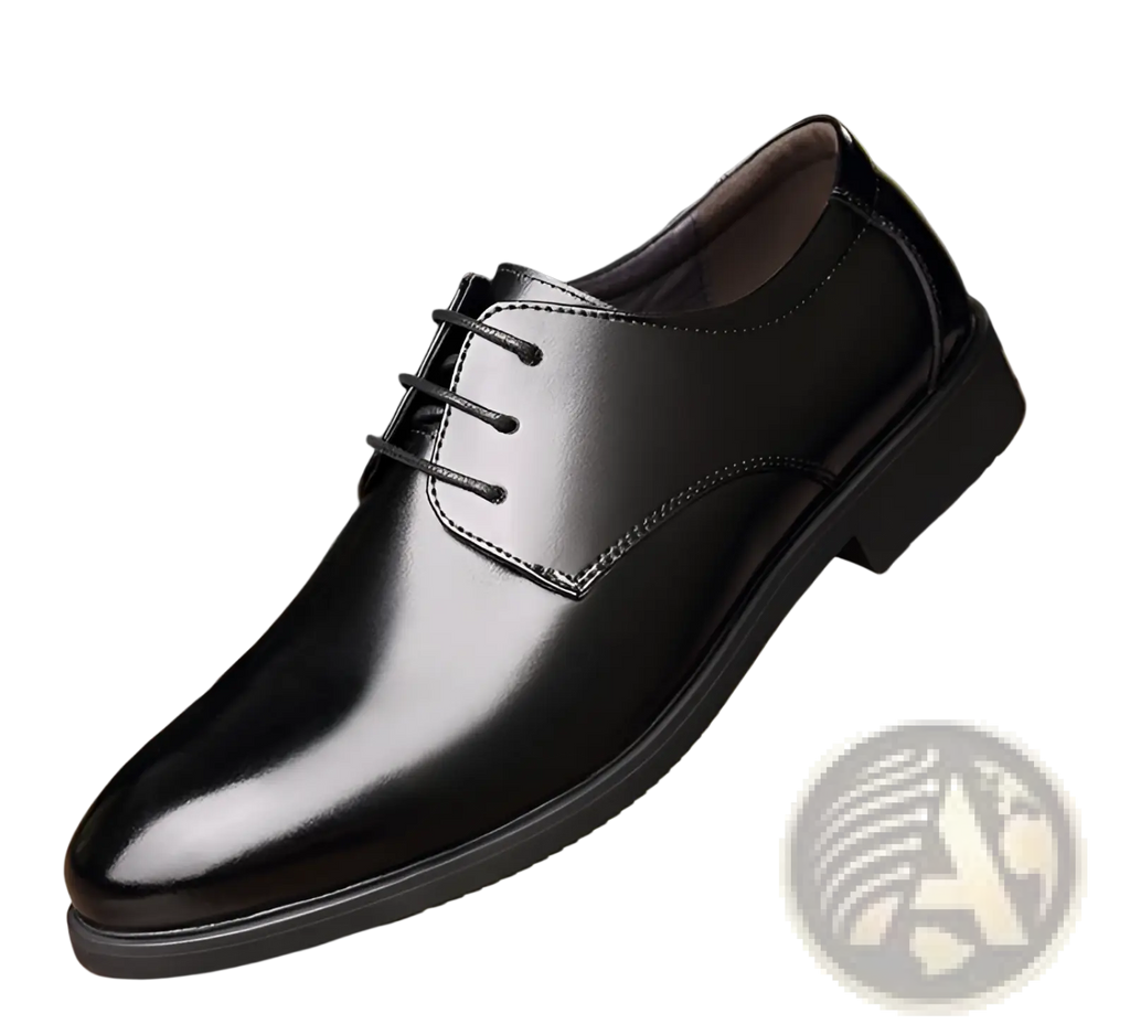 Men’s genuine leather low top business shoes in black with a polished finish and classic lace-up design