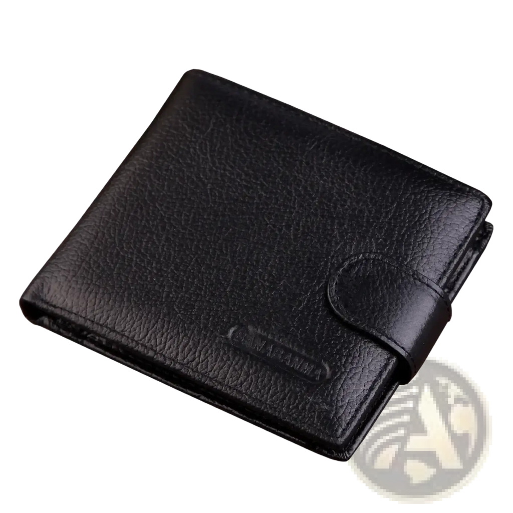 Mens genuine leather short wallet hasp purse in black with textured surface and flap closure