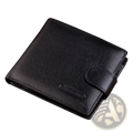Mens genuine leather short wallet hasp purse in black with textured surface and flap closure