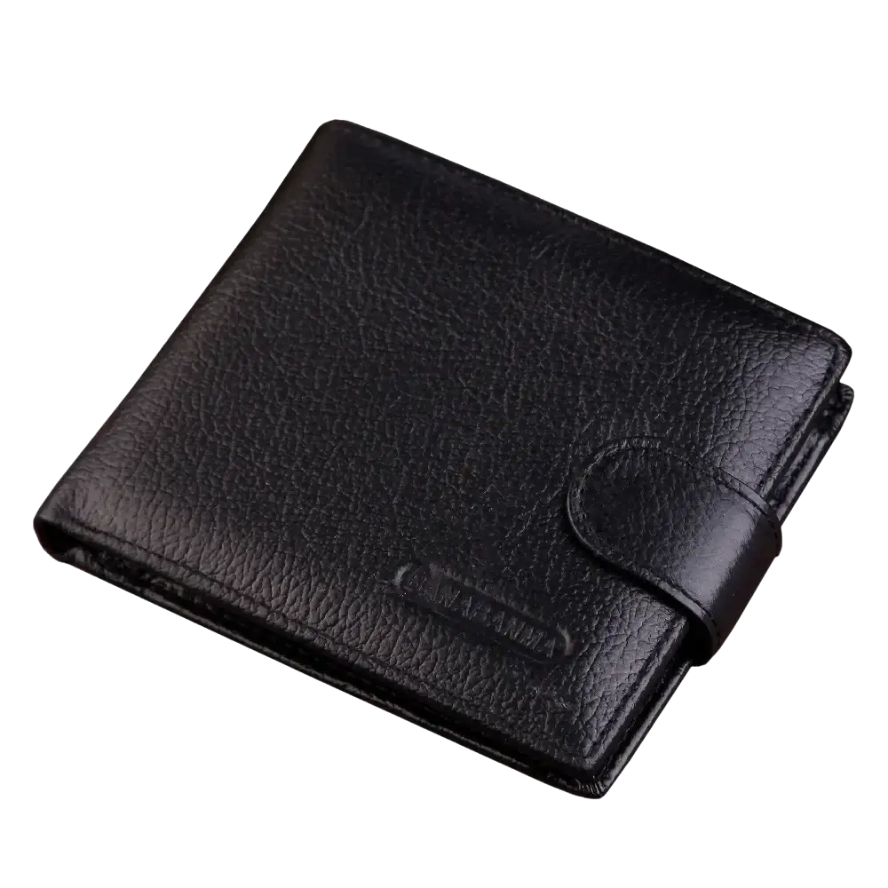 Mens genuine leather short wallet hasp purse in black with textured surface and flap closure