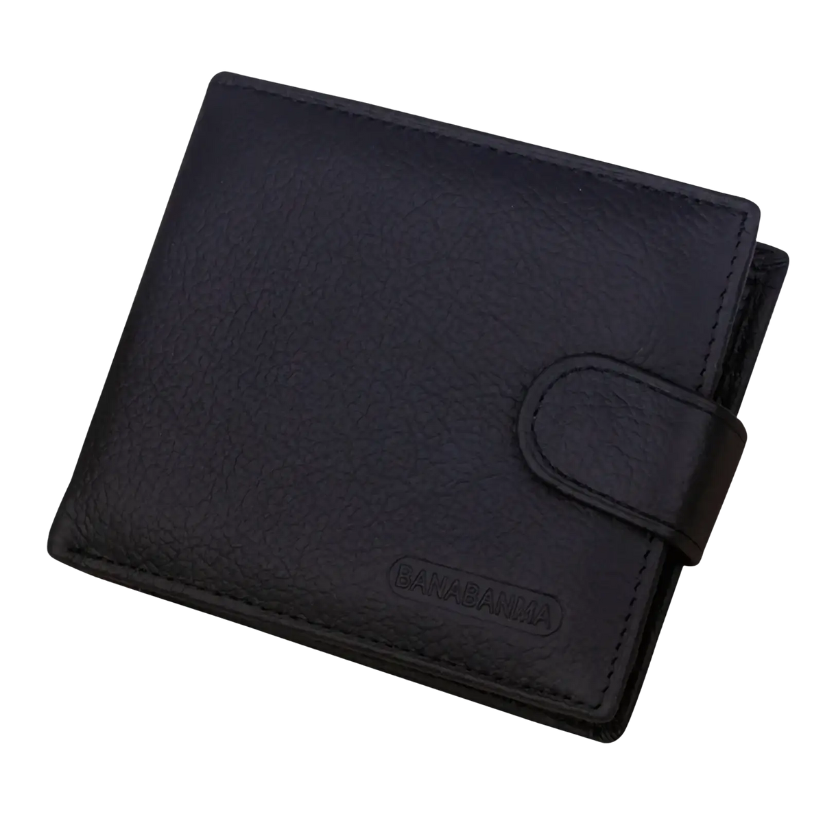 Mens genuine leather short wallet hasp purse in black with textured surface and flap closure
