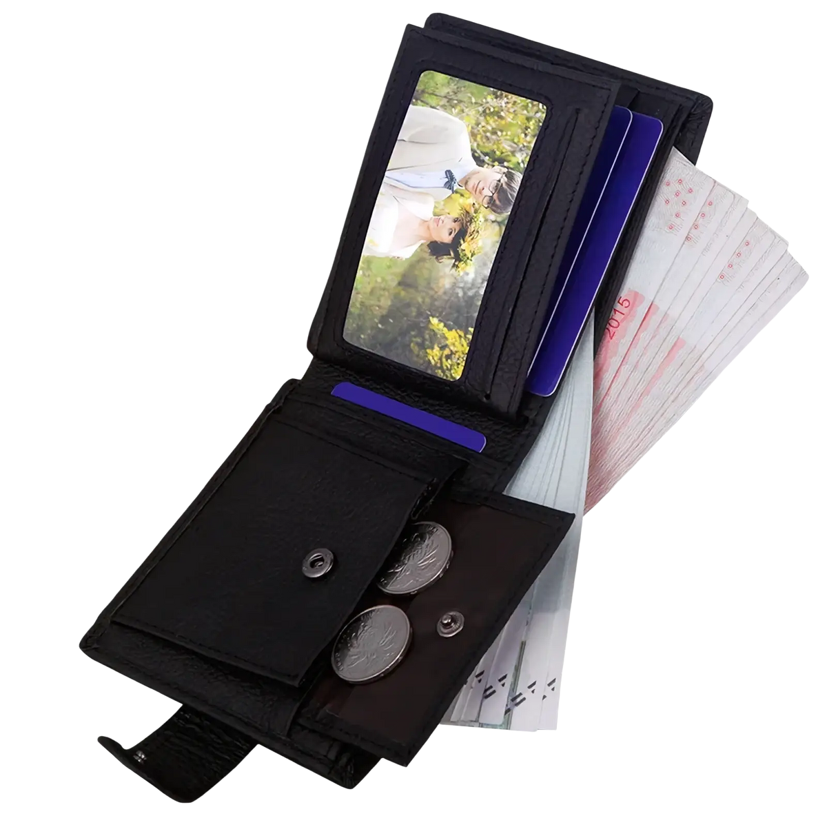 Mens genuine leather short wallet hasp purse in black with photo ID slot card compartments and coin pockets