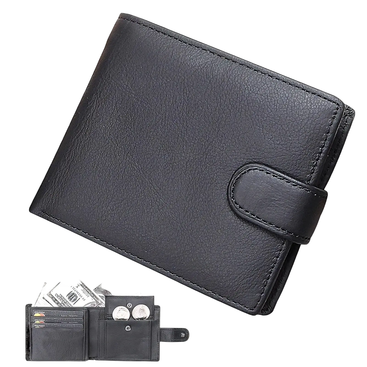 Mens genuine leather short wallet hasp purse in black with flap closure and multiple card slots