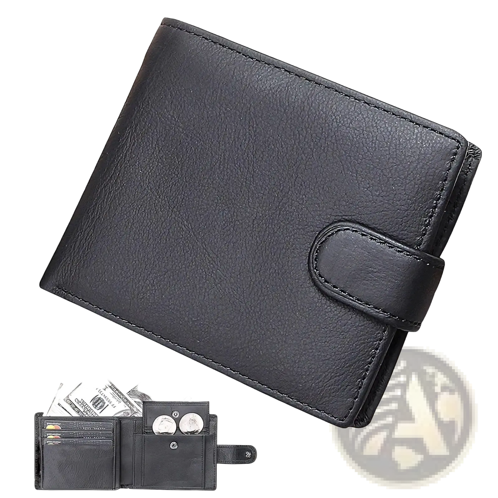 Mens genuine leather short wallet hasp purse in black with flap closure and multiple card slots