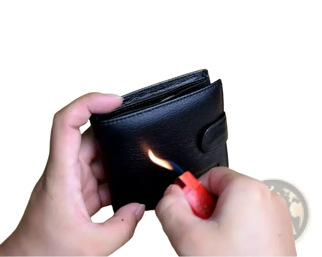 Mens genuine leather short wallet hasp purse in black held open with flame from red lighter applied to surface