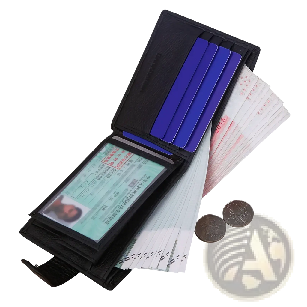 Mens genuine leather short wallet hasp purse in black with multiple card slots clear id window and compartments for cash and coins