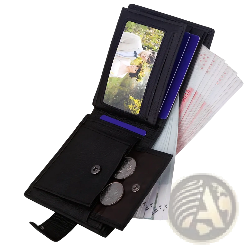 Mens genuine leather short wallet hasp purse in black with photo ID slot card compartments and coin pockets