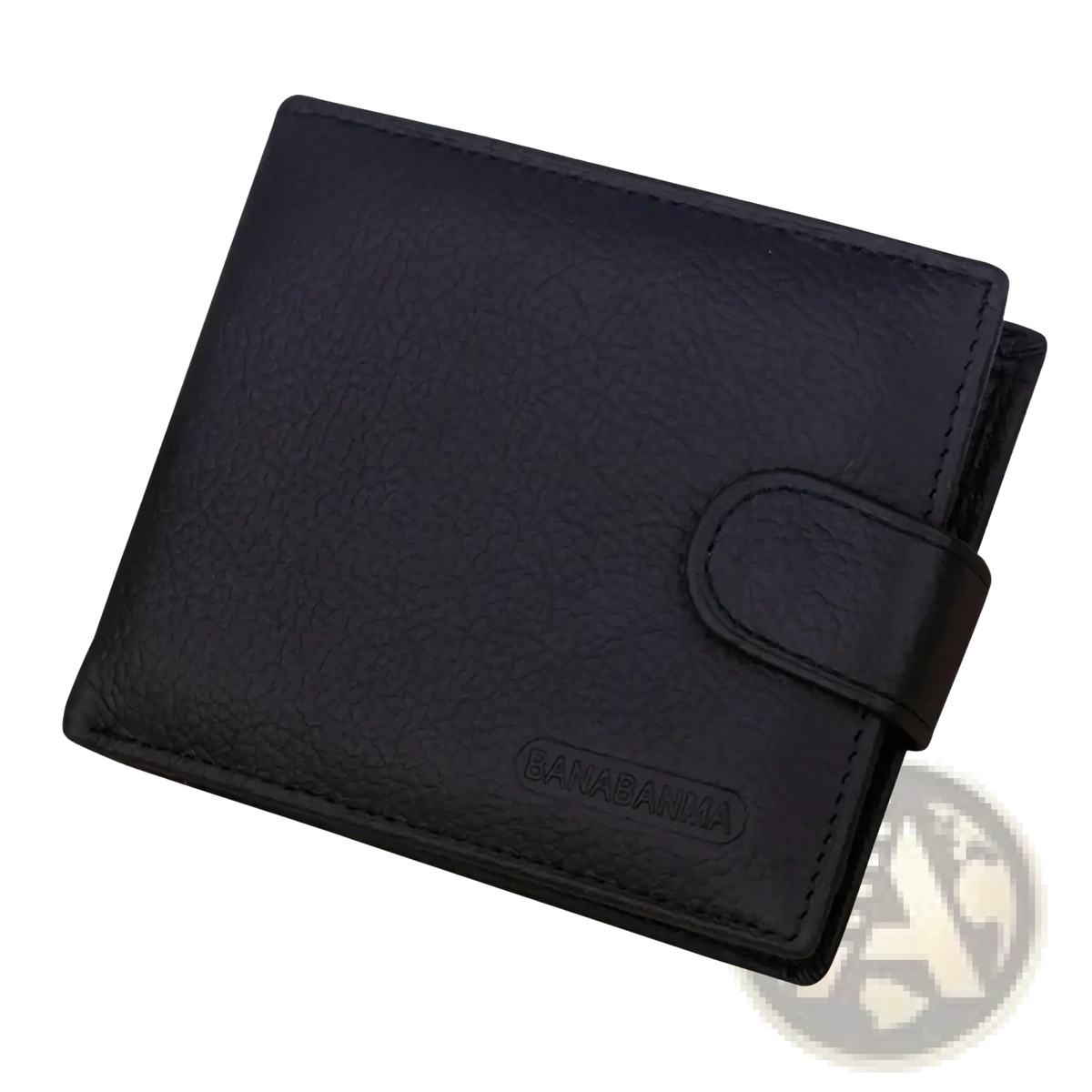 Mens genuine leather short wallet hasp purse in black with textured surface and flap closure