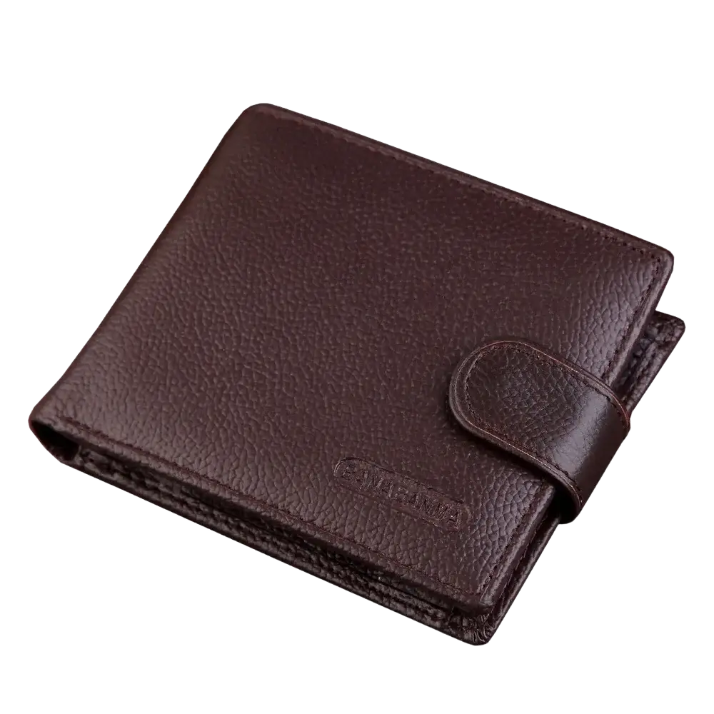 Brown genuine leather mens short wallet with textured surface and flap closure for secure storage