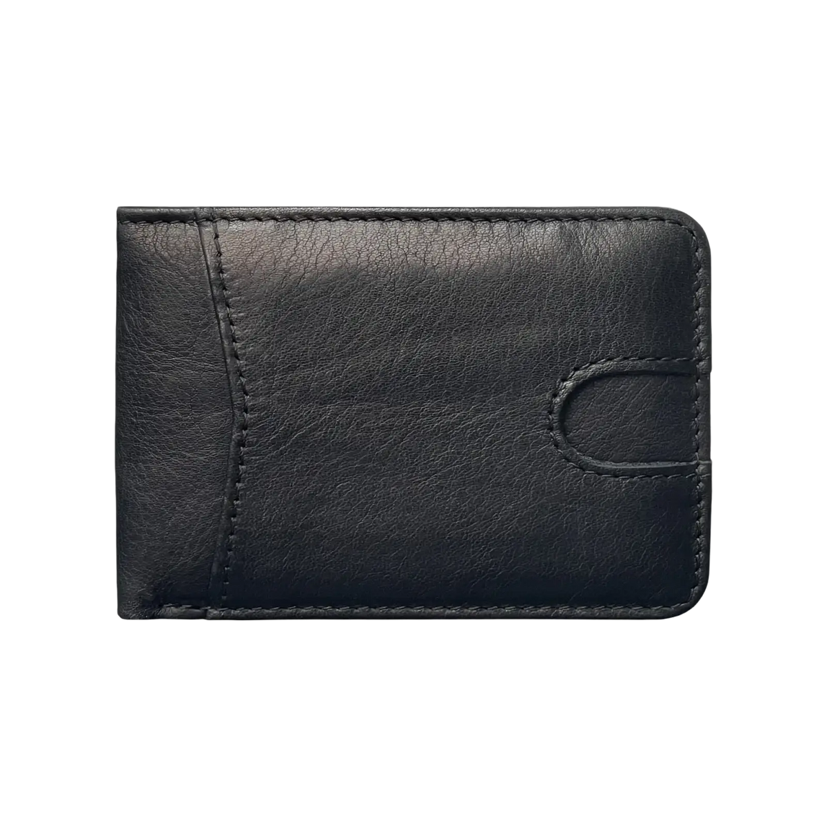 Men’s genuine leather slim wallet in black with stitched edges and a curved cutout on the right side
