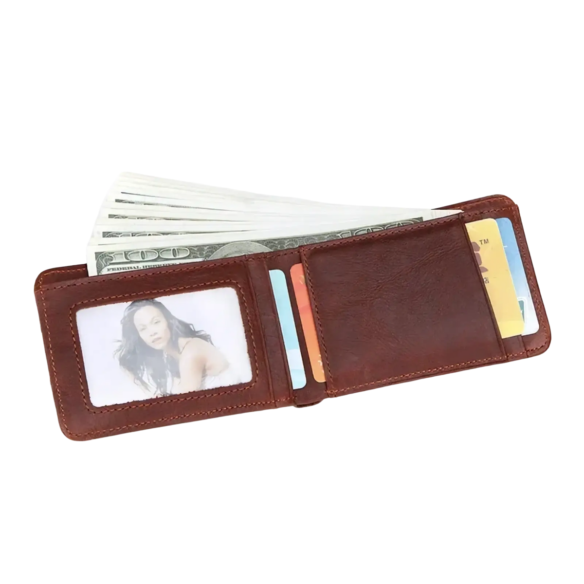 Men’s genuine leather slim wallet in brown with photo id window multiple card slots and visible stitching