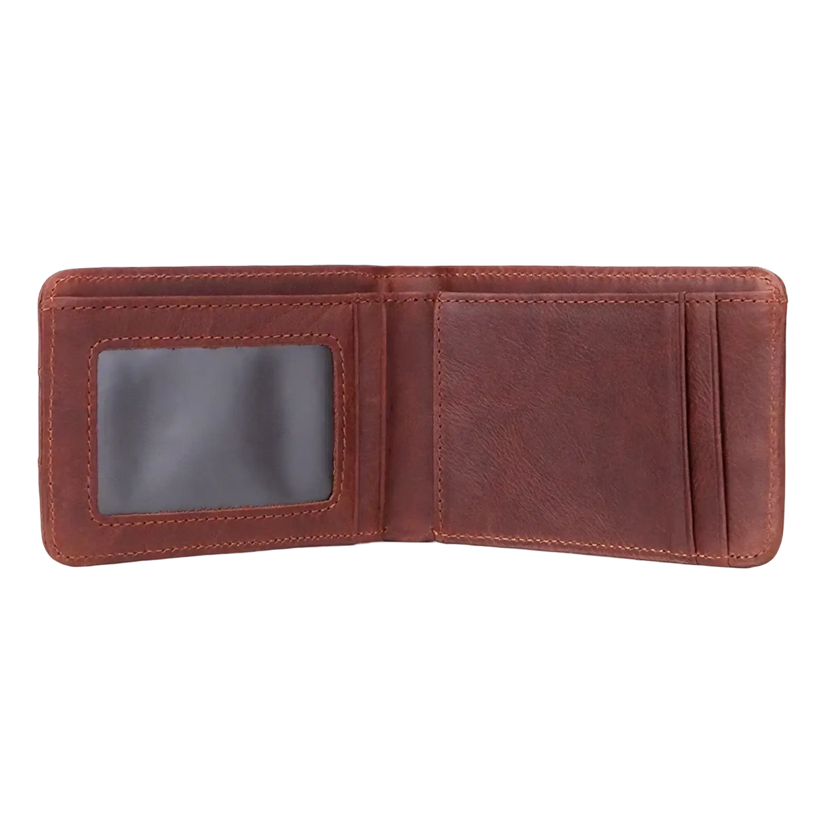 Men’s genuine leather slim wallet in brown with a clear ID window and multiple card slots for organized storage