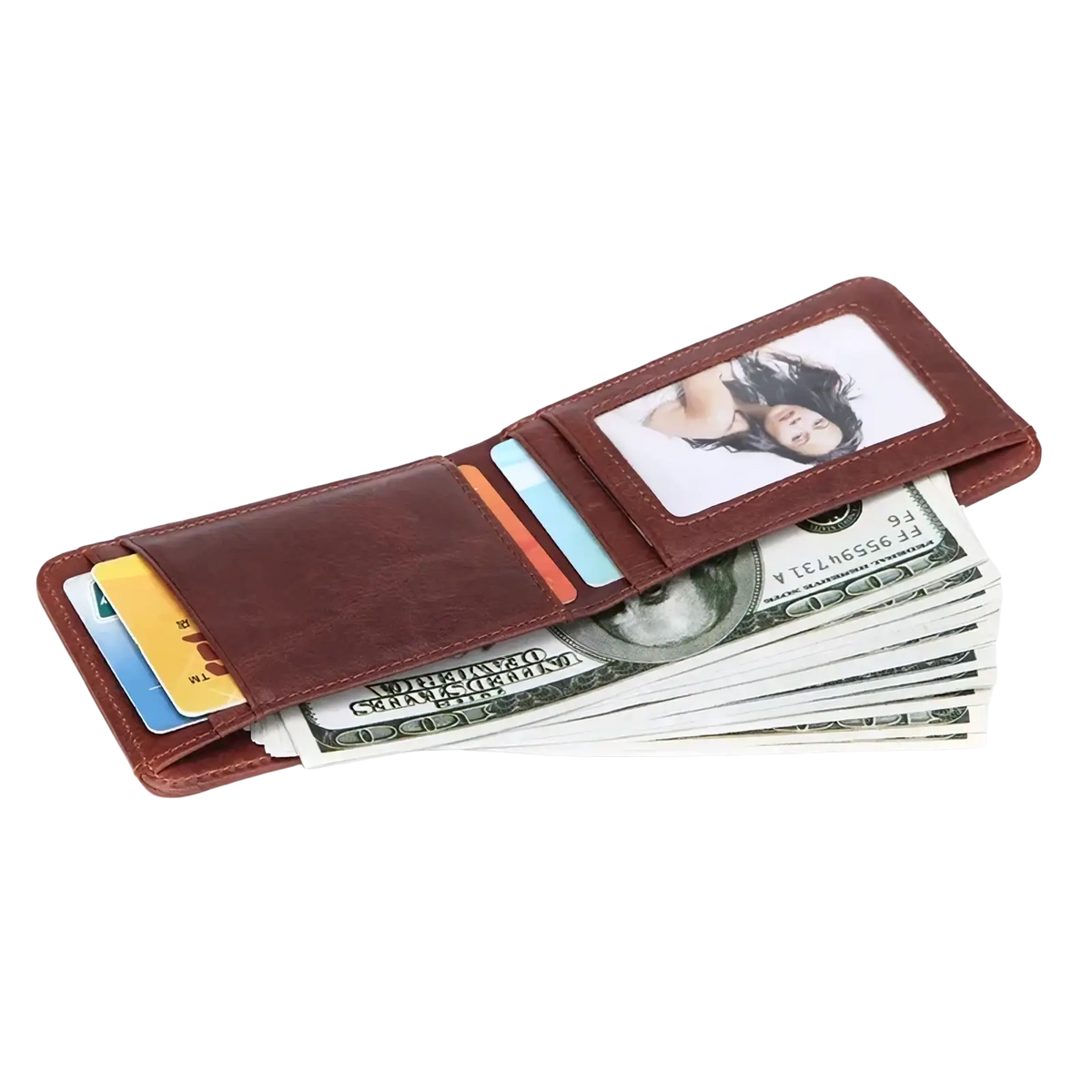 Men’s genuine leather slim wallet in brown with photo ID slot multiple card compartments filled with cash and cards