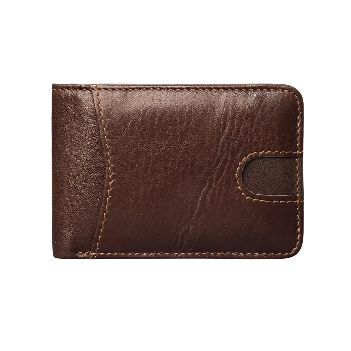 Men’s genuine leather slim wallet in brown with visible stitching and a cutout slot on the right side