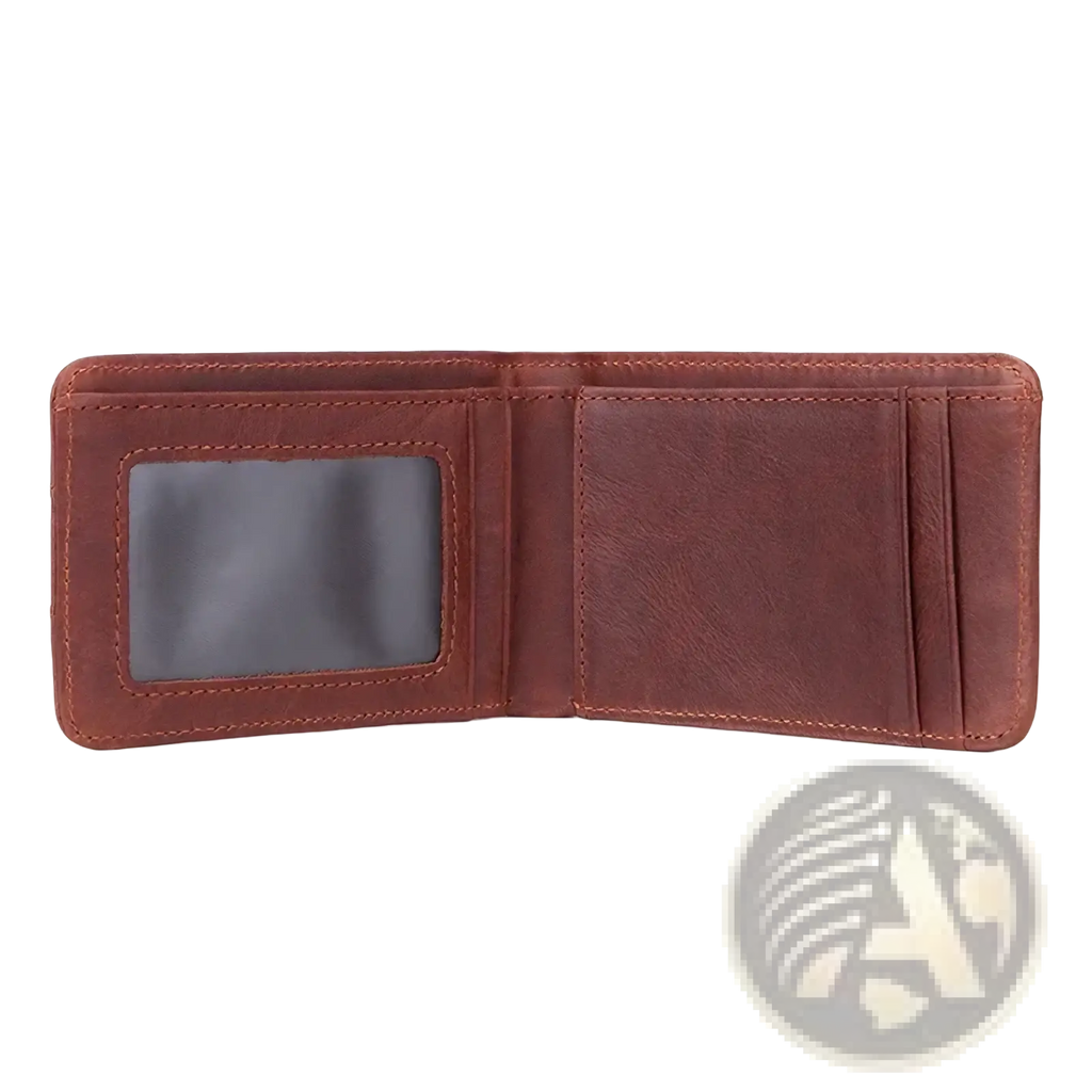 Men’s genuine leather slim wallet in brown with a clear ID window and multiple card slots for organized storage
