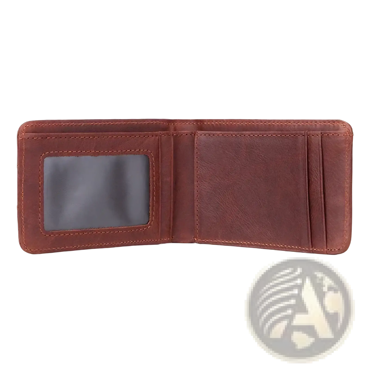 Men’s genuine leather slim wallet in brown with a clear ID window and multiple card slots for organized storage