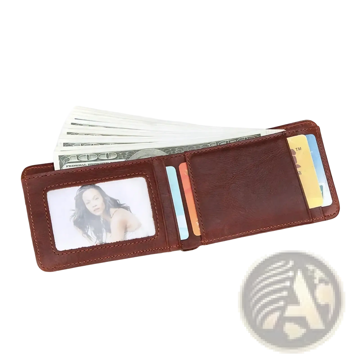 Men’s genuine leather slim wallet in brown with photo id window multiple card slots and visible stitching