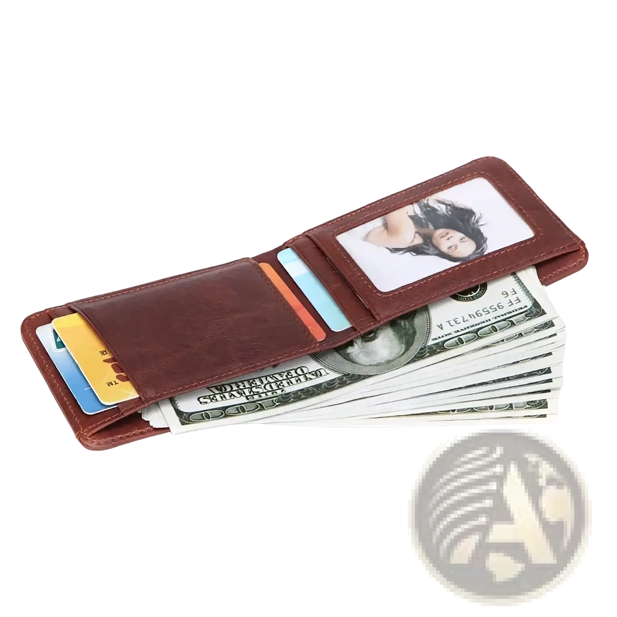 Men’s genuine leather slim wallet in brown with photo ID slot multiple card compartments filled with cash and cards