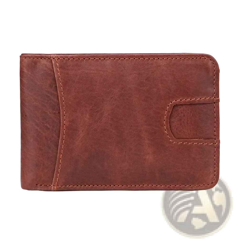 Men’s genuine leather slim wallet in brown with visible stitching and a card slot on the right side