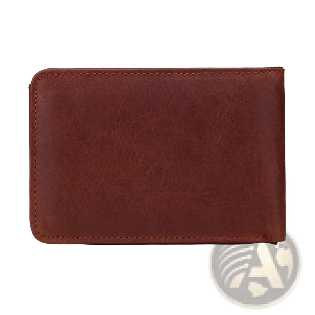 Men’s genuine leather slim wallet in brown with visible stitching along the edges