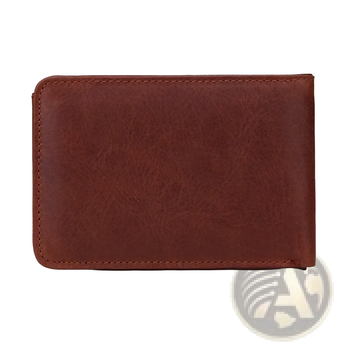 Men’s genuine leather slim wallet in brown with visible stitching along the edges