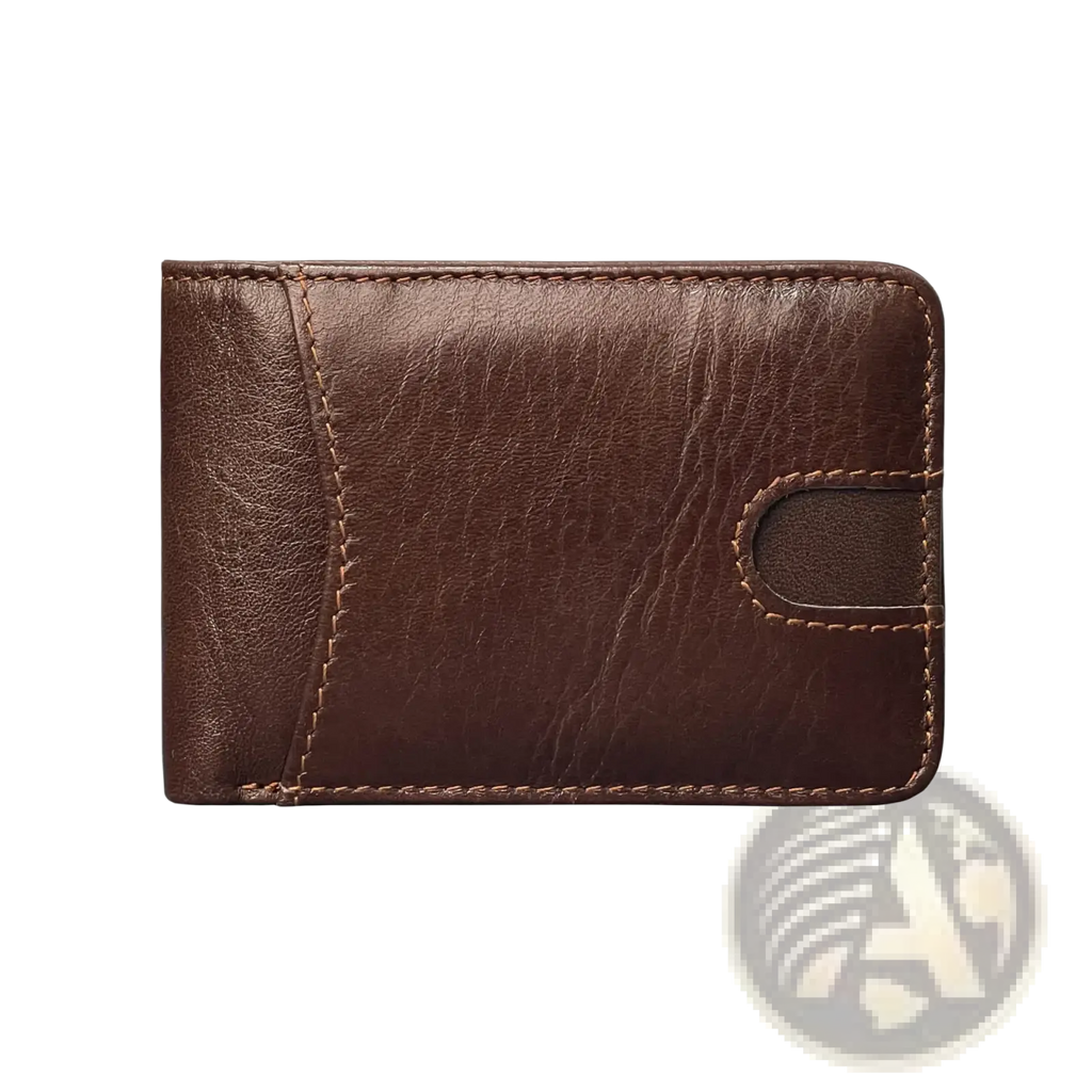 Men’s genuine leather slim wallet in brown with visible stitching and a cutout slot on the right side