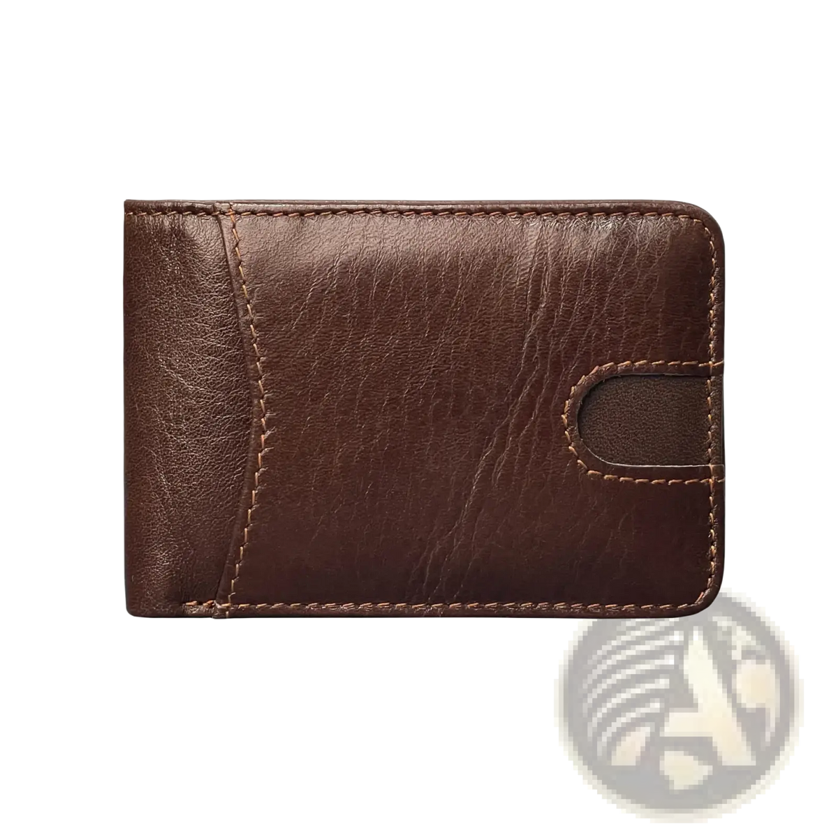 Men’s genuine leather slim wallet in brown with visible stitching and a cutout slot on the right side