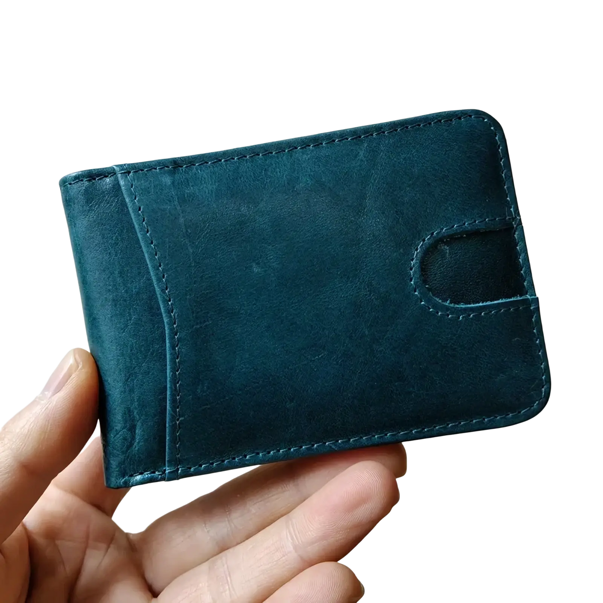 Men s genuine leather slim wallet in dark teal with stitched edges and a card slot for organized storage