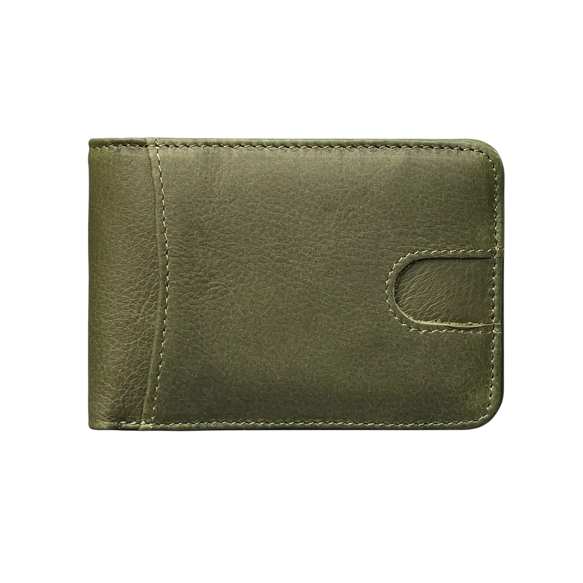 Men’s genuine leather slim wallet in olive green with subtle stitching and a card slot cutout detail