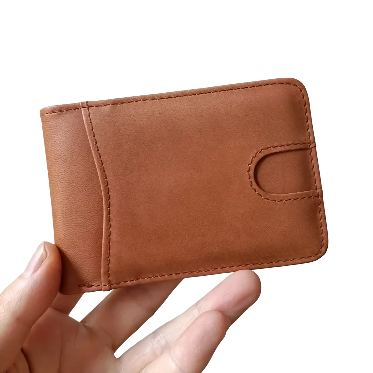 Men’s genuine leather slim wallet in tan with stitched edges and a card slot for organized storage