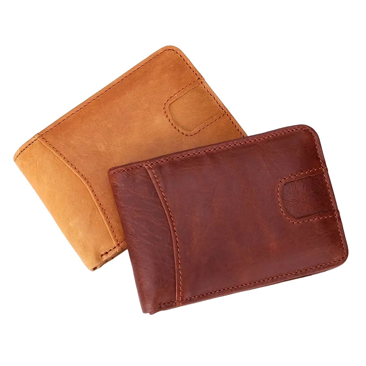 Men’s genuine leather slim wallets in tan and dark brown with visible stitching on minimalist designs