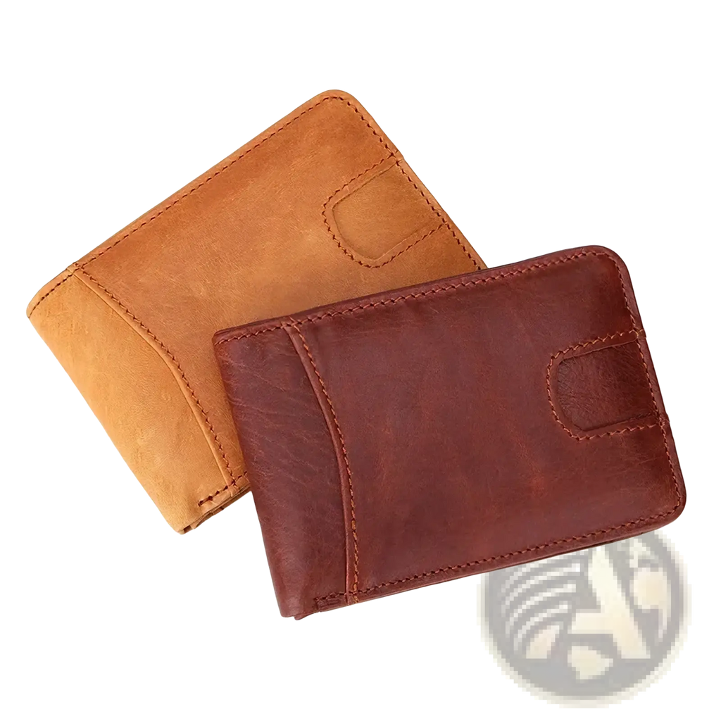 Men’s genuine leather slim wallets in tan and dark brown with visible stitching on minimalist designs