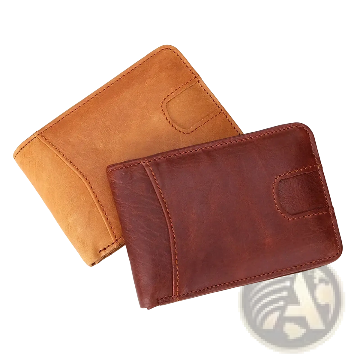 Men’s genuine leather slim wallets in tan and dark brown with visible stitching on minimalist designs