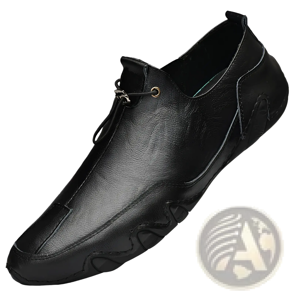 Black leather slip-on casual sports shoe with sleek modern design and textured sole for men